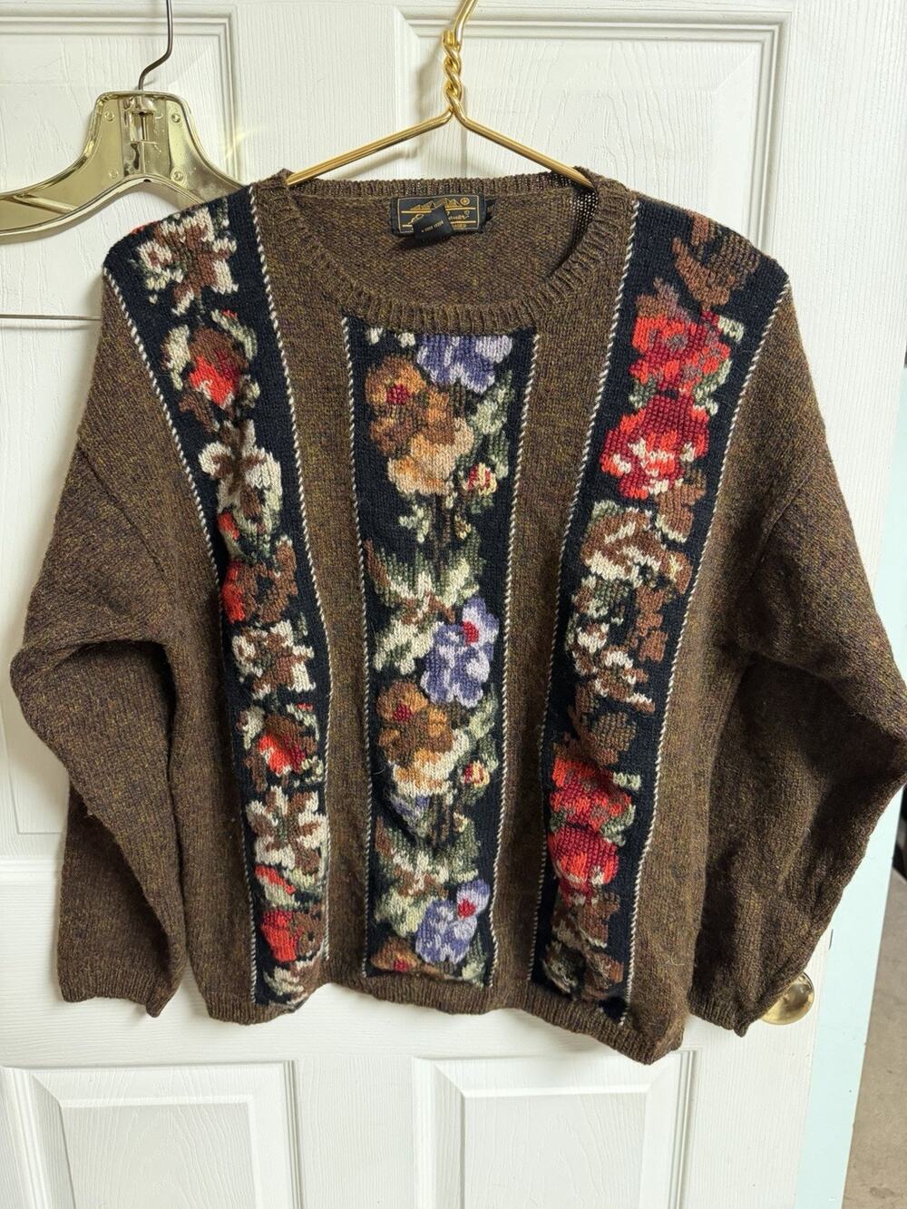 Vnt 1992 Eddie Bauer Wool Sweater Fair Isle Brown Floral 90s Knit Med 42w 23L